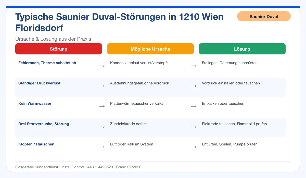 Infografik Saunier Duval Thermenreparatur 1210 Wien Floridsdorf: typische Störungen, Ursachen und Lösungen