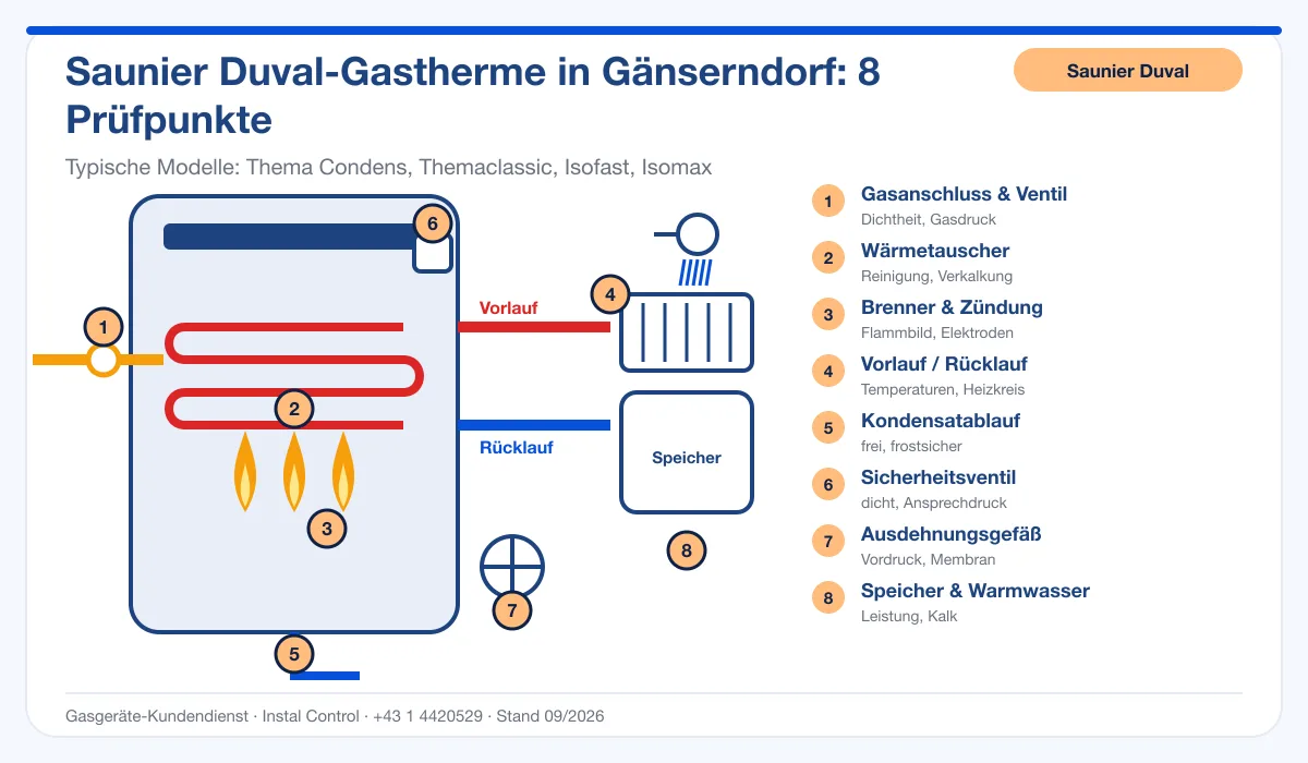 Infografik Saunier Duval Thermenreparatur Gänserndorf: Aufbau einer Saunier Duval-Gastherme mit 8 Prüfpunkten
