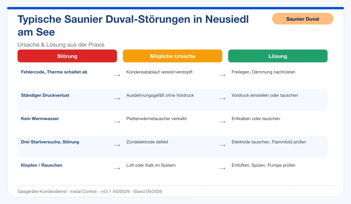 Infografik Saunier Duval Thermenreparatur Neusiedl am See: typische Störungen, Ursachen und Lösungen