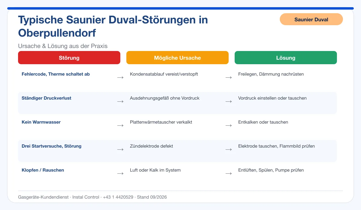 Infografik Saunier Duval Thermenreparatur Oberpullendorf: typische Störungen, Ursachen und Lösungen