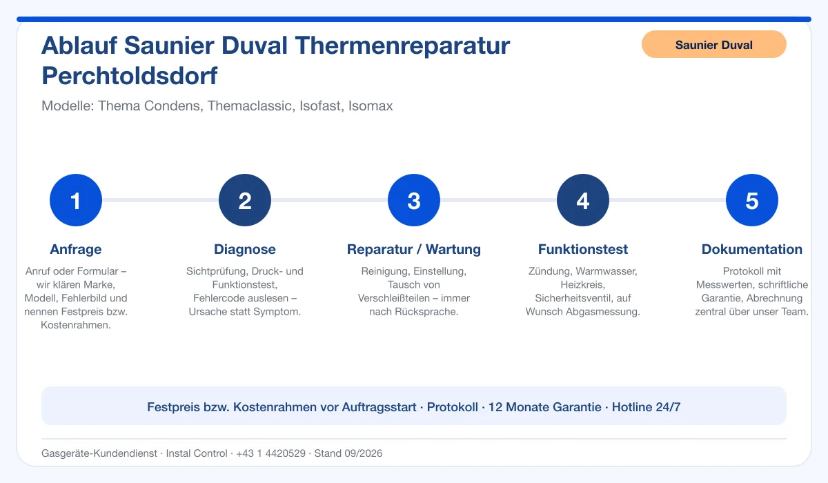 Infografik Ablauf Saunier Duval Thermenreparatur Perchtoldsdorf: Anfrage, Diagnose, Service, Funktionstest, Protokoll
