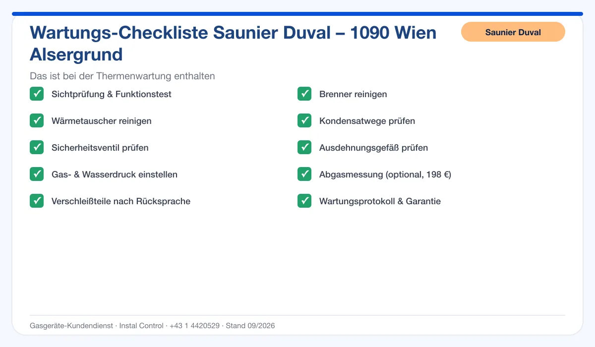 Infografik Saunier Duval Thermenwartung 1090 Wien Alsergrund: Wartungs-Checkliste mit 10 enthaltenen Leistungen