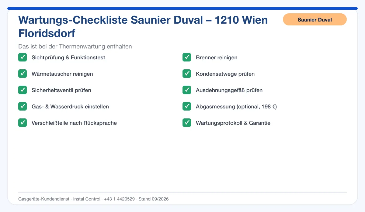 Infografik Saunier Duval Thermenwartung 1210 Wien Floridsdorf: Wartungs-Checkliste mit 10 enthaltenen Leistungen