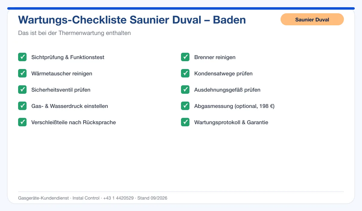 Infografik Saunier Duval Thermenwartung Baden: Wartungs-Checkliste mit 10 enthaltenen Leistungen
