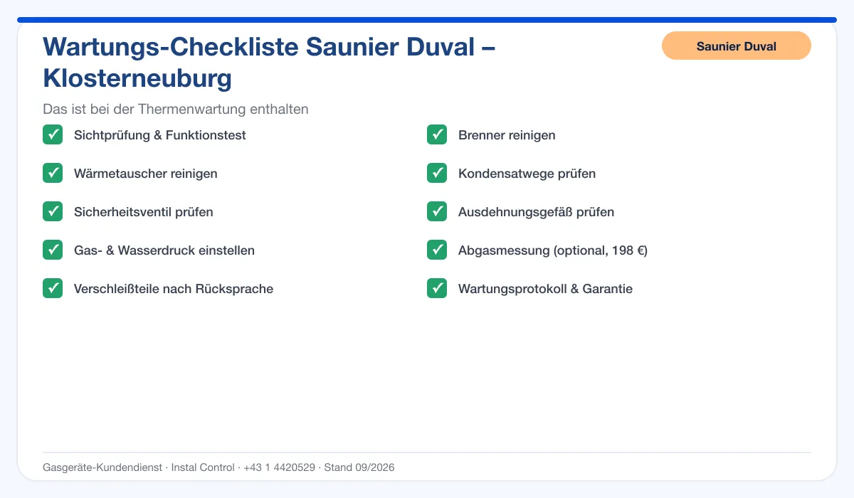 Infografik Saunier Duval Thermenwartung Klosterneuburg: Wartungs-Checkliste mit 10 enthaltenen Leistungen