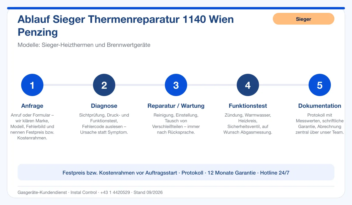 Infografik Ablauf Sieger Thermenreparatur 1140 Wien Penzing: Anfrage, Diagnose, Service, Funktionstest, Protokoll