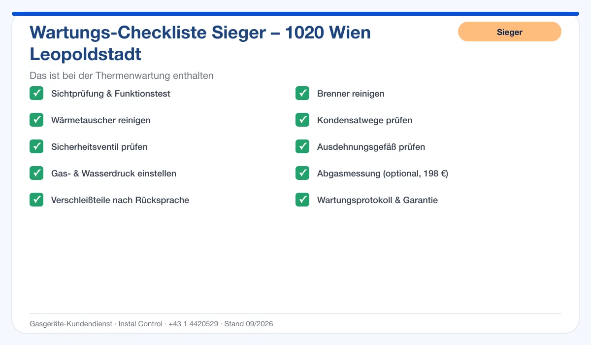 Infografik Sieger Thermenwartung 1020 Wien Leopoldstadt: Wartungs-Checkliste mit 10 enthaltenen Leistungen