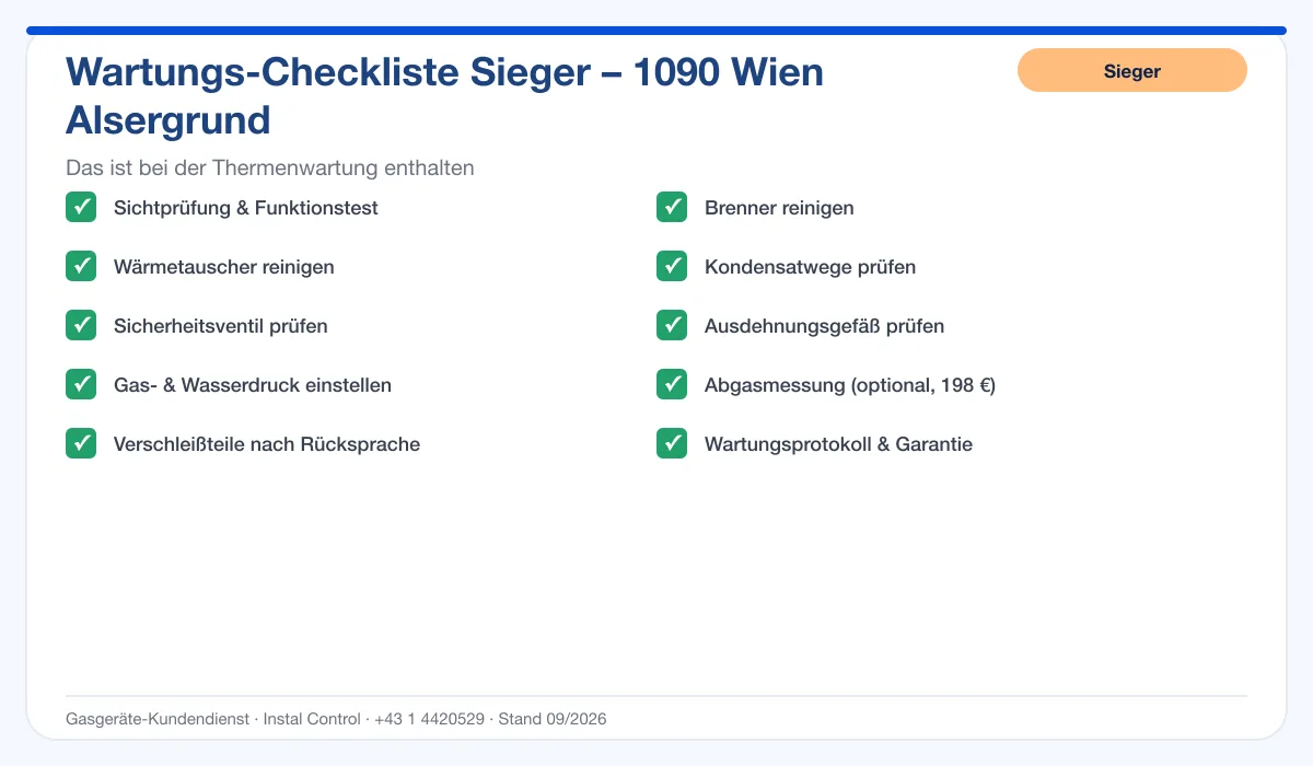 Infografik Sieger Thermenwartung 1090 Wien Alsergrund: Wartungs-Checkliste mit 10 enthaltenen Leistungen
