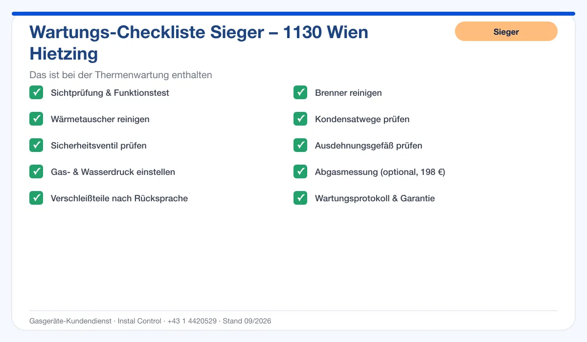 Infografik Sieger Thermenwartung 1130 Wien Hietzing: Wartungs-Checkliste mit 10 enthaltenen Leistungen