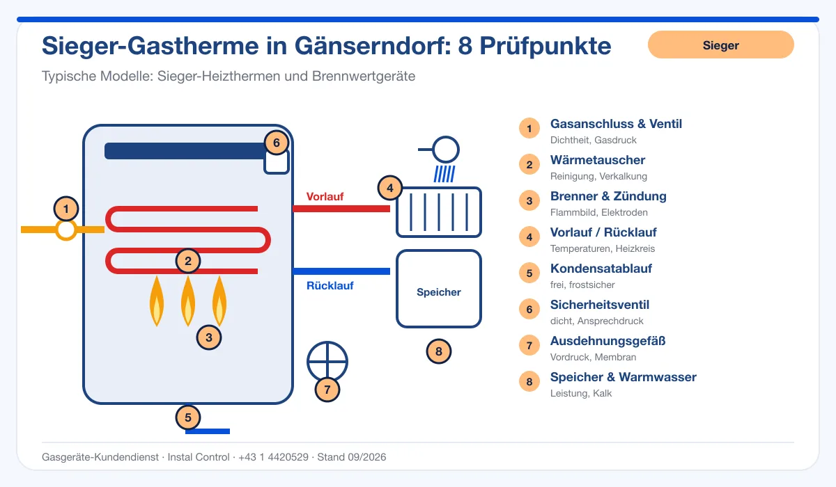 Infografik Sieger Thermenwartung Gänserndorf: Aufbau einer Sieger-Gastherme mit 8 Prüfpunkten