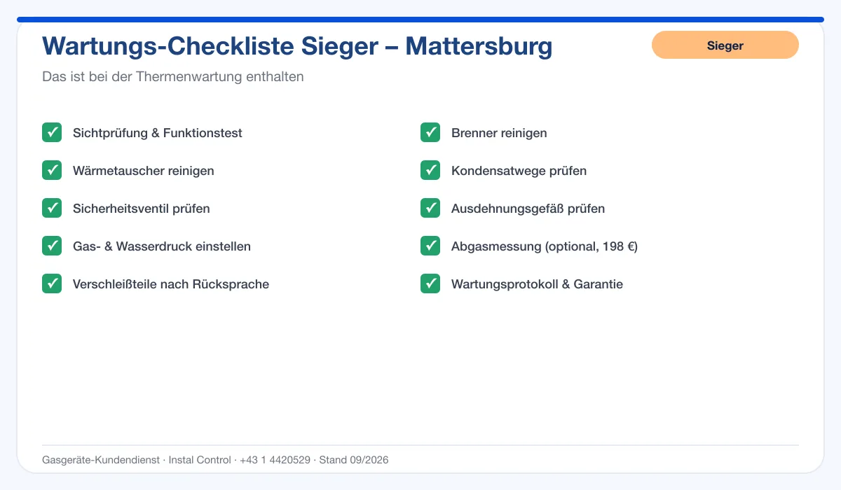 Infografik Sieger Thermenwartung Mattersburg: Wartungs-Checkliste mit 10 enthaltenen Leistungen