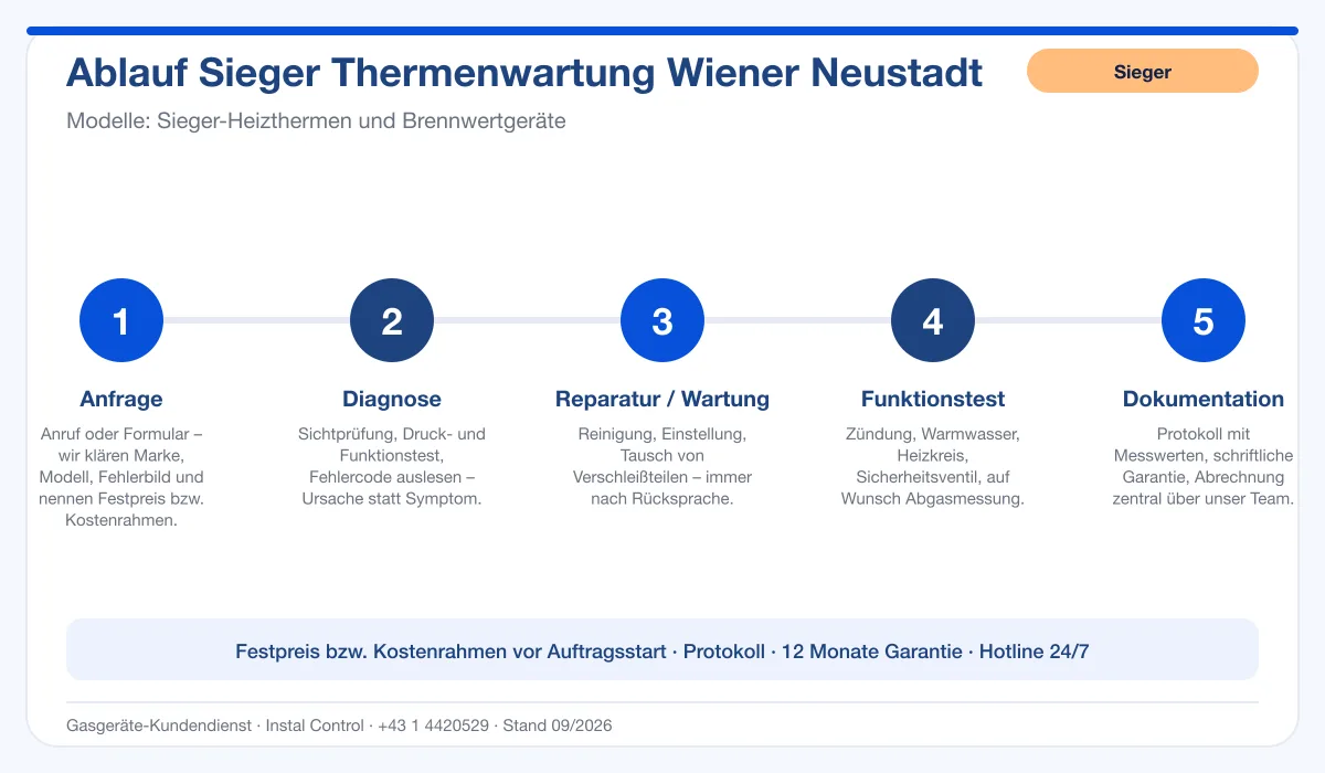 Infografik Ablauf Sieger Thermenwartung Wiener Neustadt: Anfrage, Diagnose, Service, Funktionstest, Protokoll