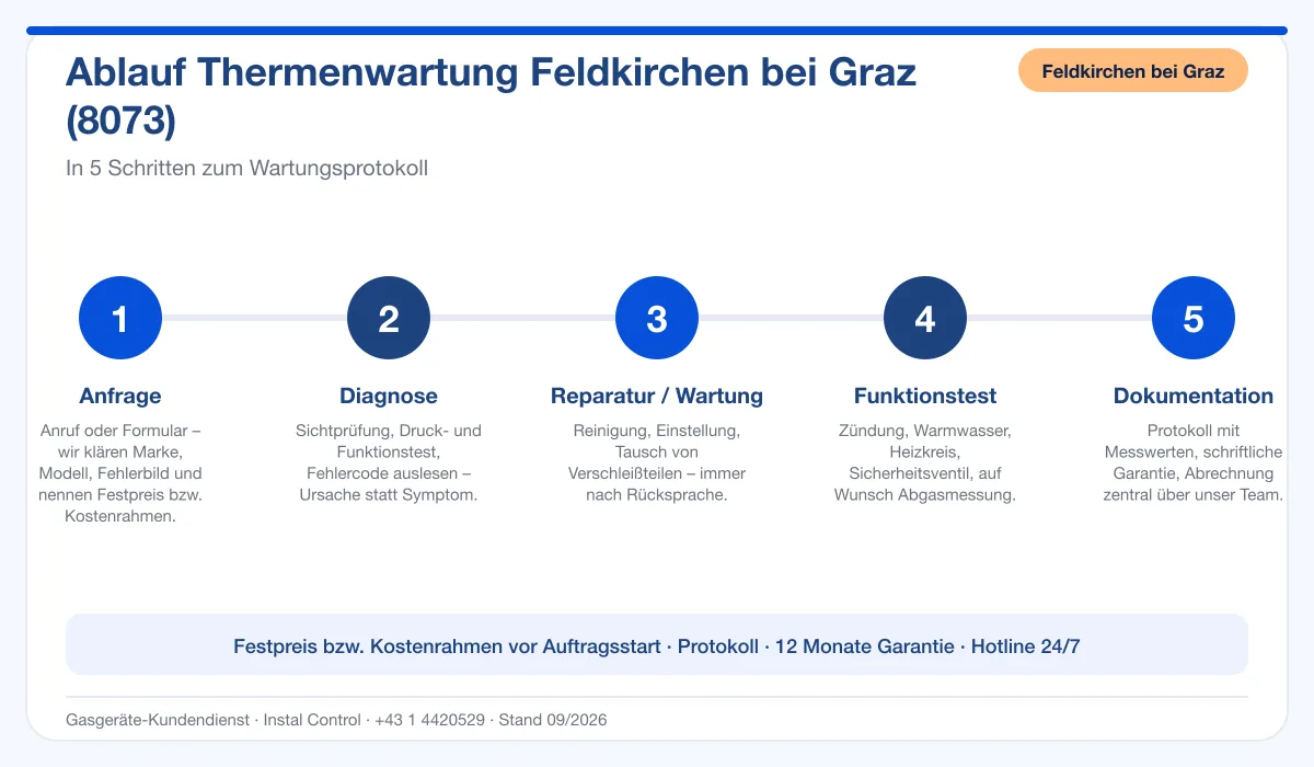 Infografik Ablauf Thermenwartung Feldkirchen bei Graz 8073: Anfrage bis Protokoll