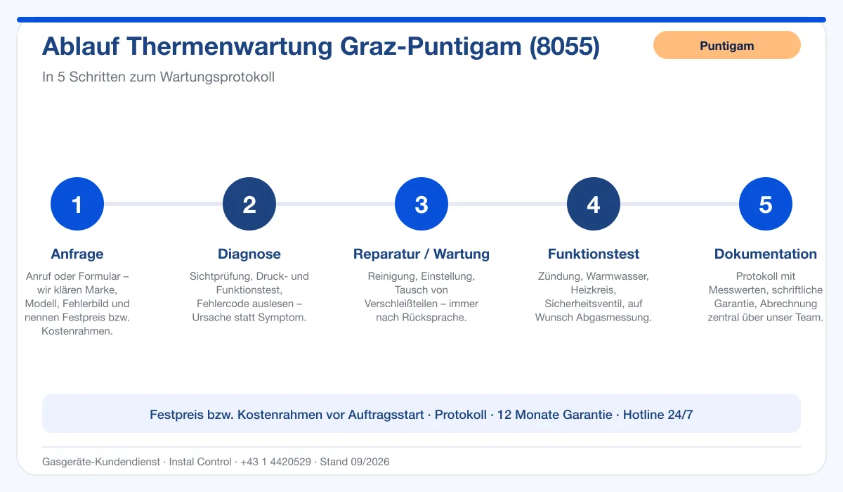 Infografik Ablauf Thermenwartung Graz Puntigam 8055: Anfrage, Diagnose, Wartung, Funktionstest, Protokoll