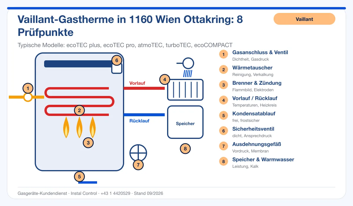 Infografik Vaillant Kundendienst 1160 Wien Ottakring: Aufbau einer Vaillant-Gastherme mit 8 Prüfpunkten