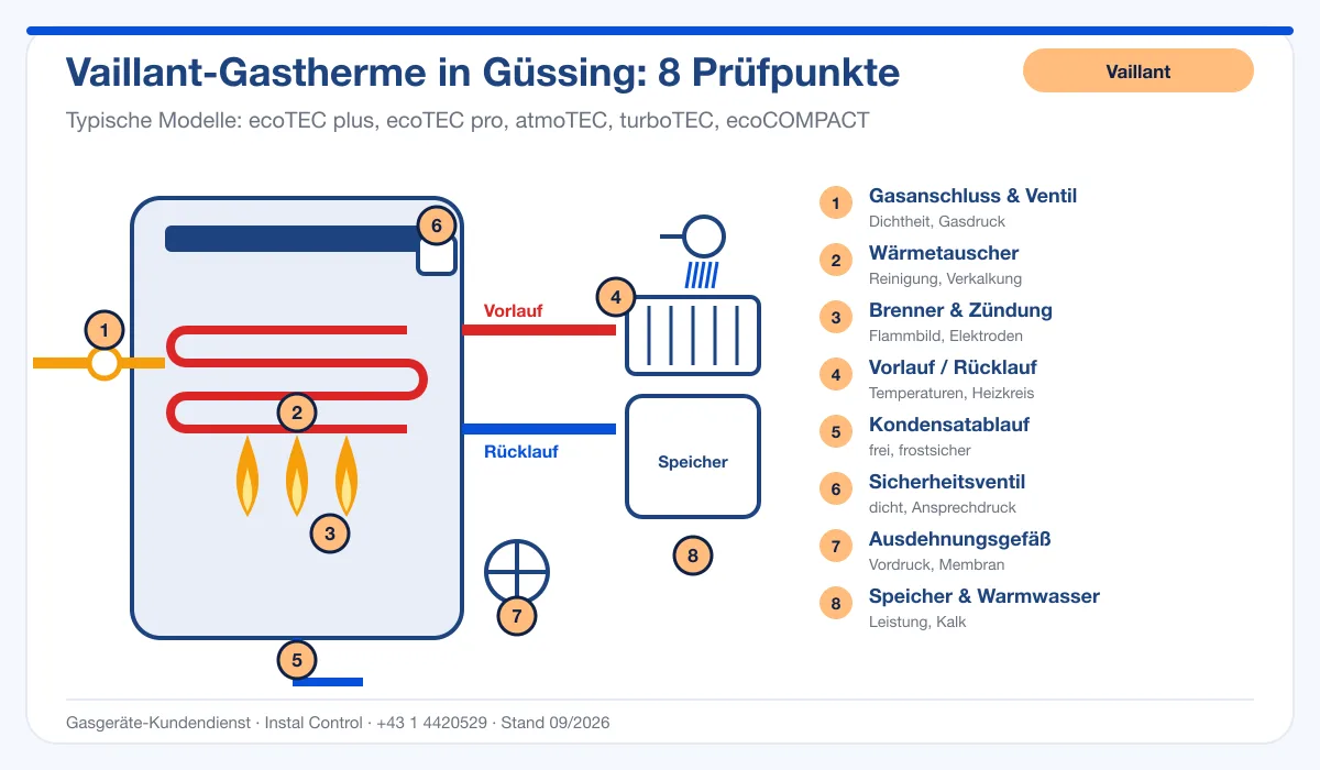 Infografik Vaillant Kundendienst Güssing: Aufbau einer Vaillant-Gastherme mit 8 Prüfpunkten