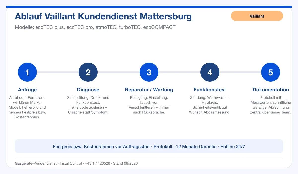Infografik Ablauf Vaillant Kundendienst Mattersburg: Anfrage, Diagnose, Service, Funktionstest, Protokoll
