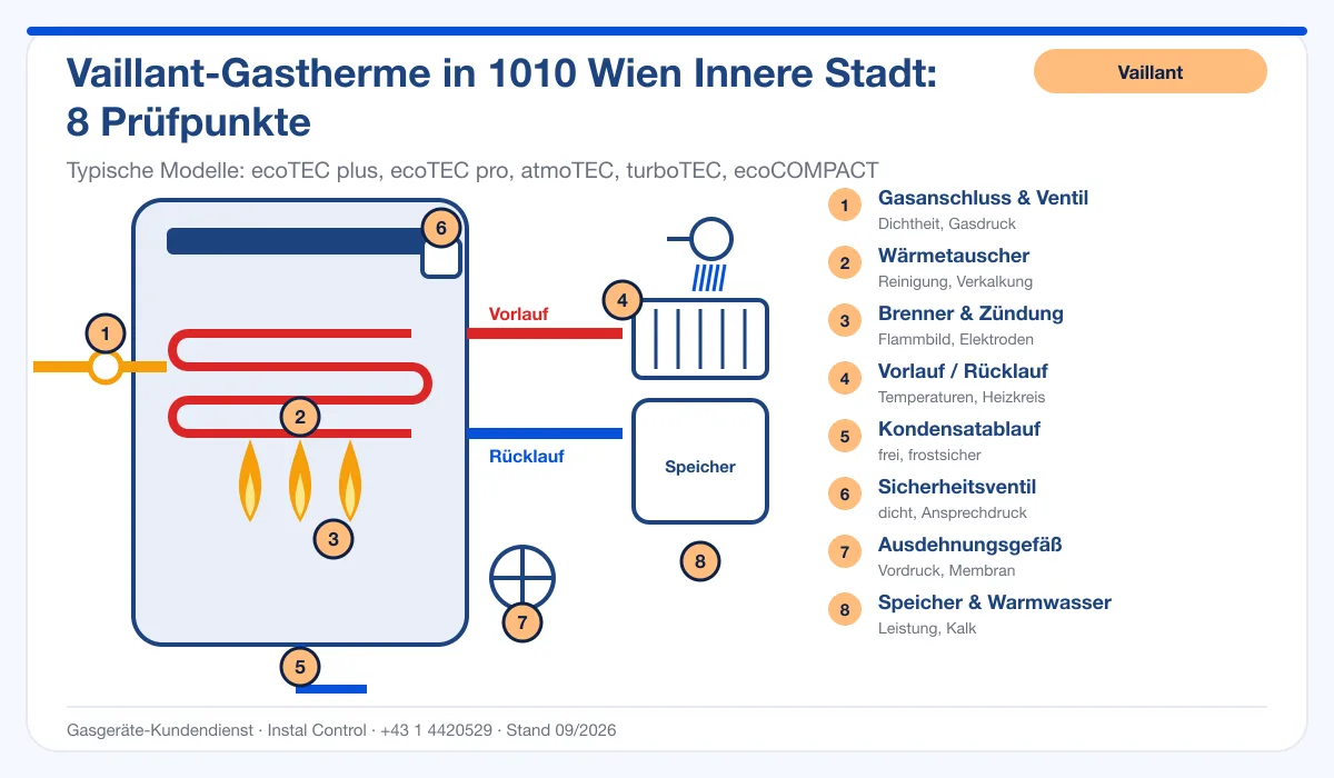 Infografik Vaillant Thermenreparatur 1010 Wien Innere Stadt: Aufbau einer Vaillant-Gastherme mit 8 Prüfpunkten