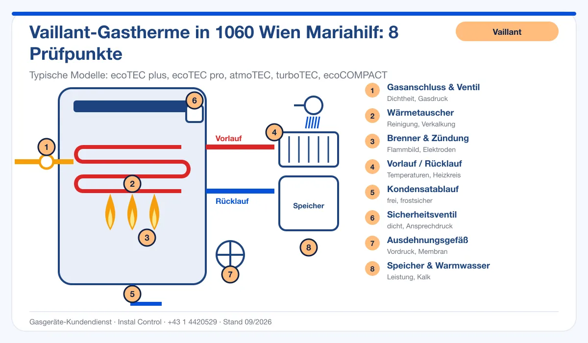 Infografik Vaillant Thermenreparatur 1060 Wien Mariahilf: Aufbau einer Vaillant-Gastherme mit 8 Prüfpunkten