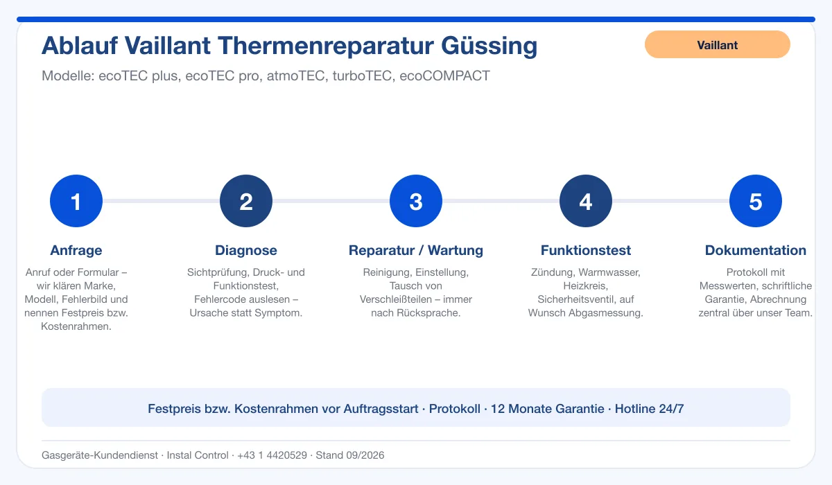 Infografik Ablauf Vaillant Thermenreparatur Güssing: Anfrage, Diagnose, Service, Funktionstest, Protokoll