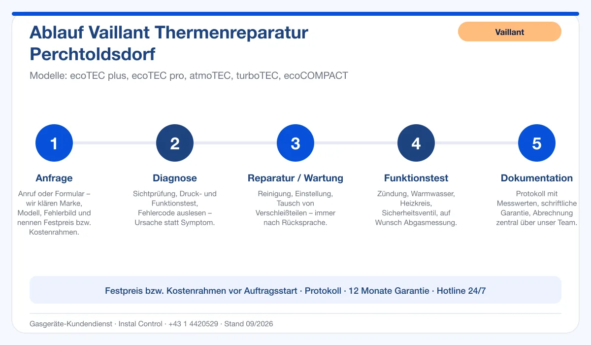 Infografik Ablauf Vaillant Thermenreparatur Perchtoldsdorf: Anfrage, Diagnose, Service, Funktionstest, Protokoll