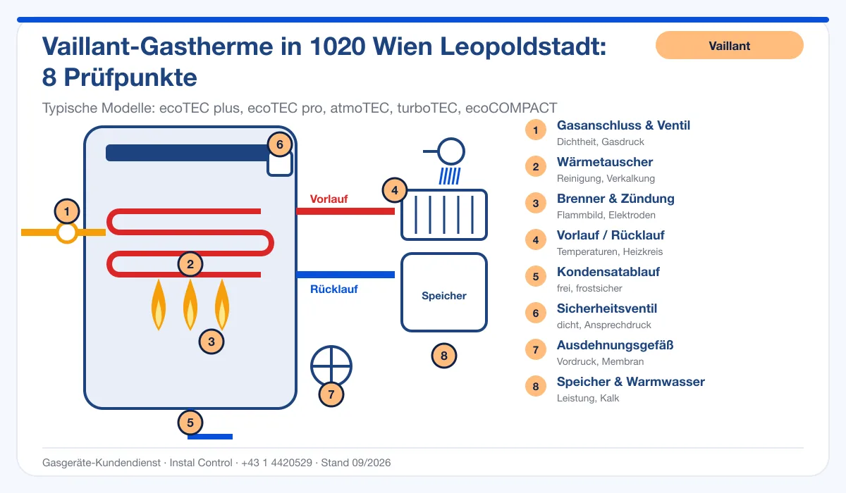 Infografik Vaillant Thermenwartung 1020 Wien Leopoldstadt: Aufbau einer Vaillant-Gastherme mit 8 Prüfpunkten