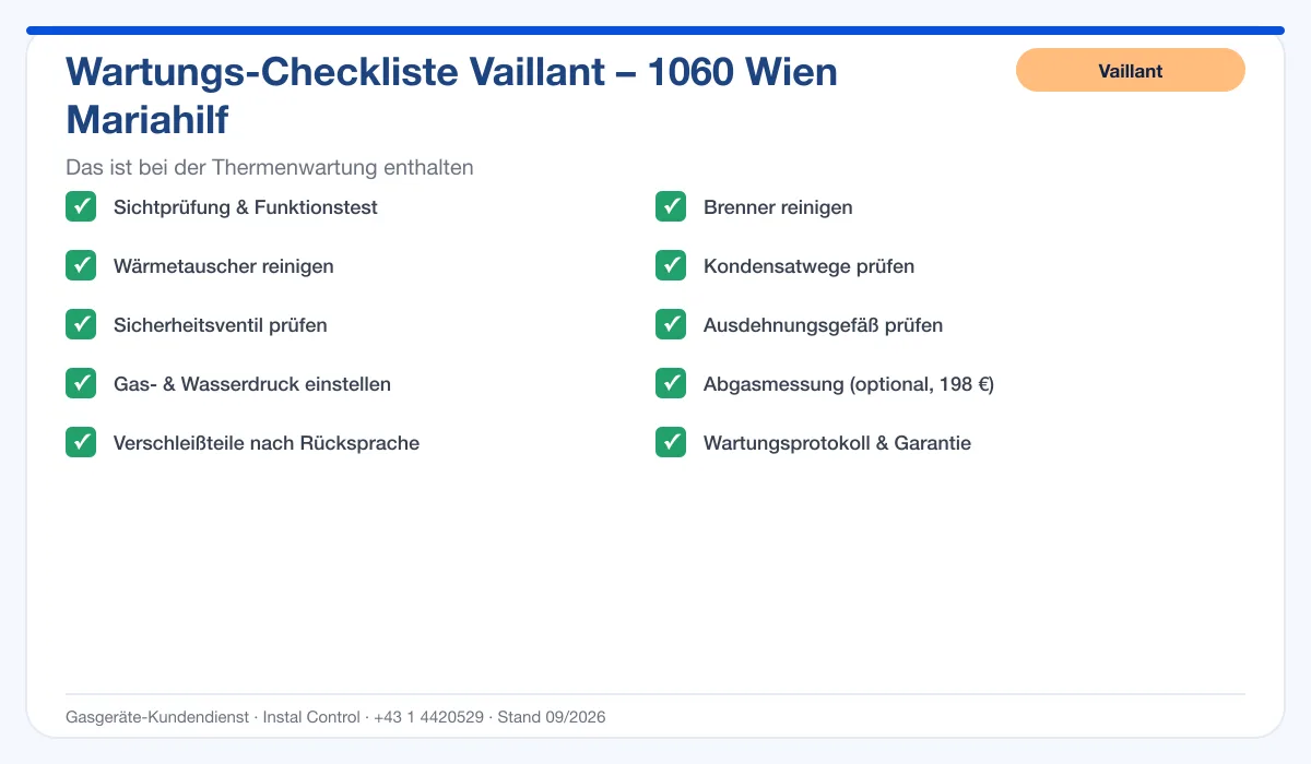 Infografik Vaillant Thermenwartung 1060 Wien Mariahilf: Wartungs-Checkliste mit 10 enthaltenen Leistungen