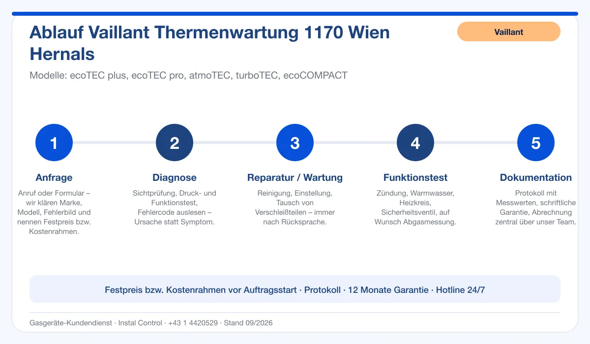 Infografik Ablauf Vaillant Thermenwartung 1170 Wien Hernals: Anfrage, Diagnose, Service, Funktionstest, Protokoll