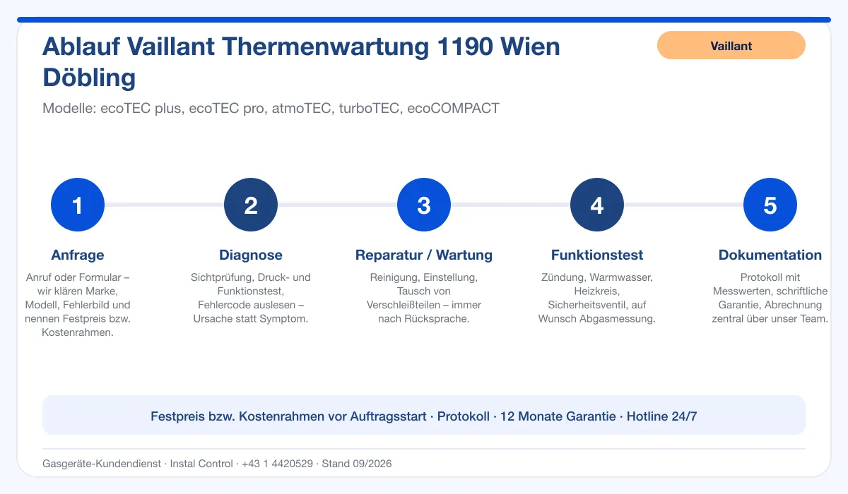 Infografik Ablauf Vaillant Thermenwartung 1190 Wien Döbling: Anfrage, Diagnose, Service, Funktionstest, Protokoll