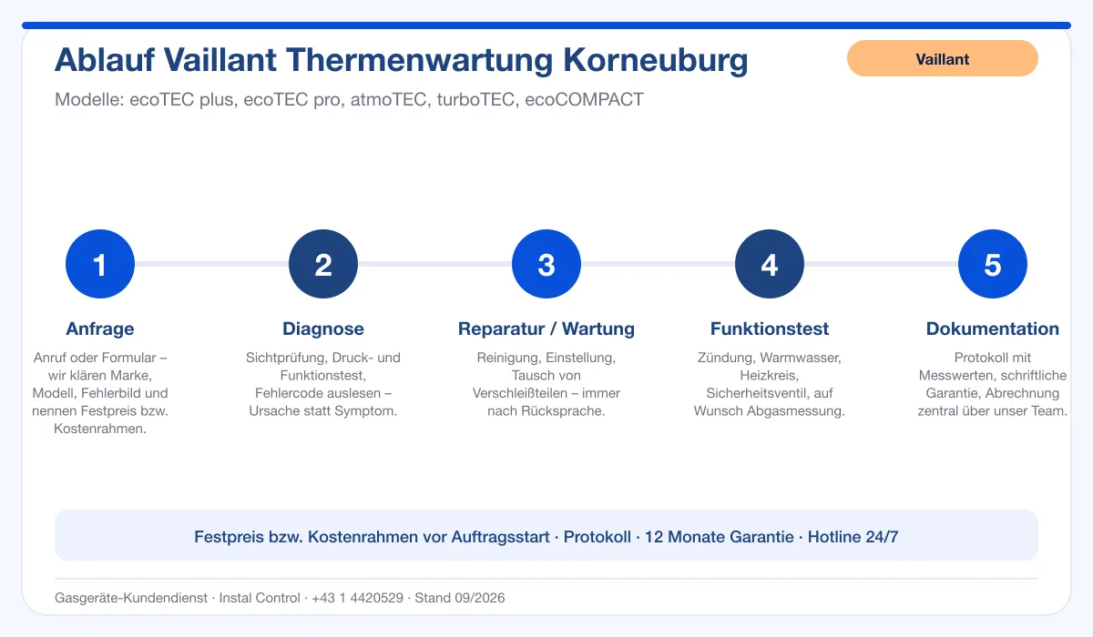 Infografik Ablauf Vaillant Thermenwartung Korneuburg: Anfrage, Diagnose, Service, Funktionstest, Protokoll