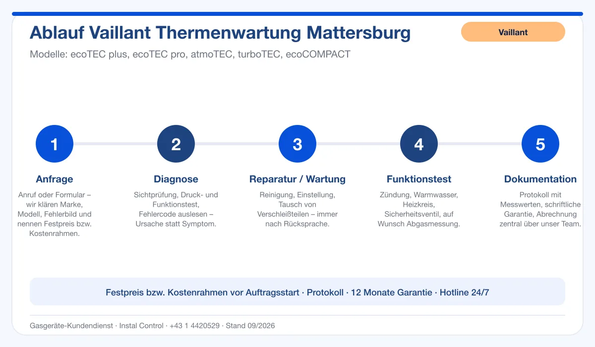 Infografik Ablauf Vaillant Thermenwartung Mattersburg: Anfrage, Diagnose, Service, Funktionstest, Protokoll