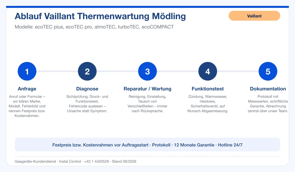 Infografik Ablauf Vaillant Thermenwartung Mödling: Anfrage, Diagnose, Service, Funktionstest, Protokoll