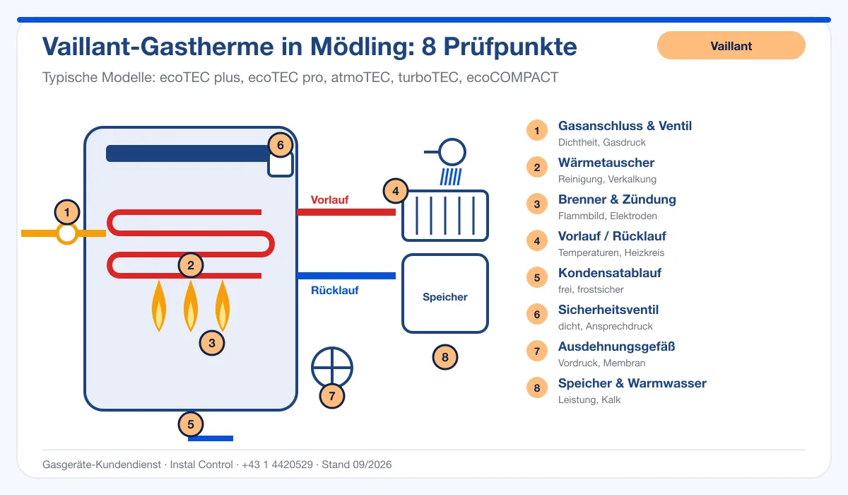 Infografik Vaillant Thermenwartung Mödling: Aufbau einer Vaillant-Gastherme mit 8 Prüfpunkten