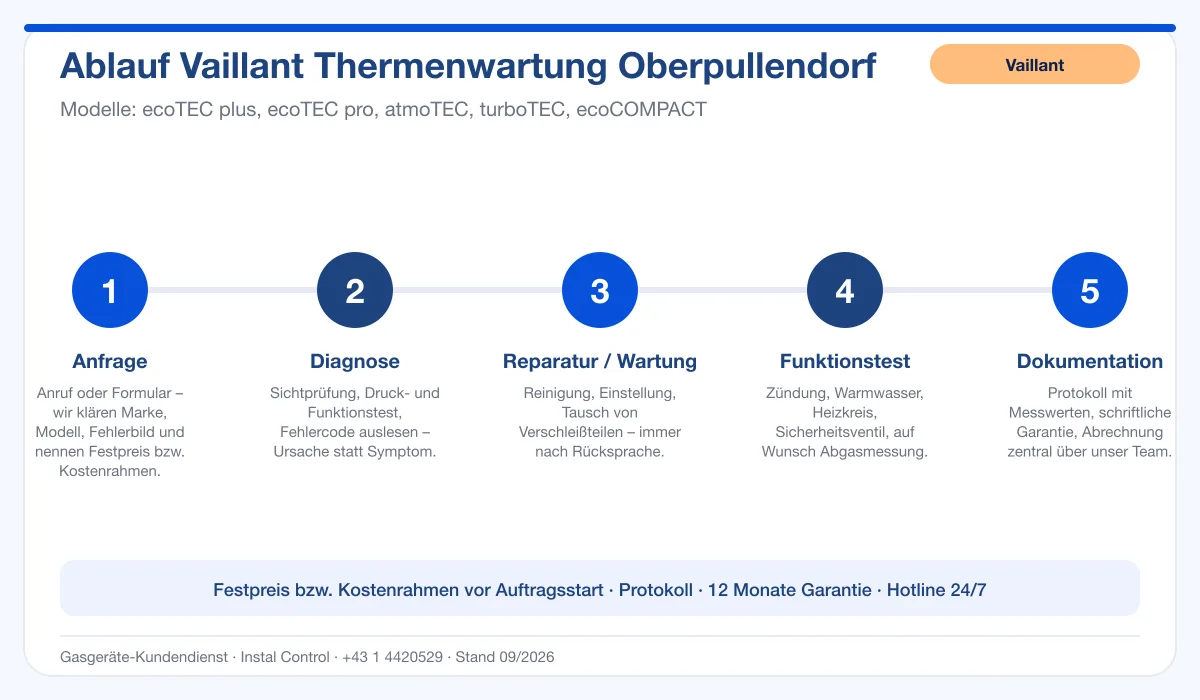 Infografik Ablauf Vaillant Thermenwartung Oberpullendorf: Anfrage, Diagnose, Service, Funktionstest, Protokoll