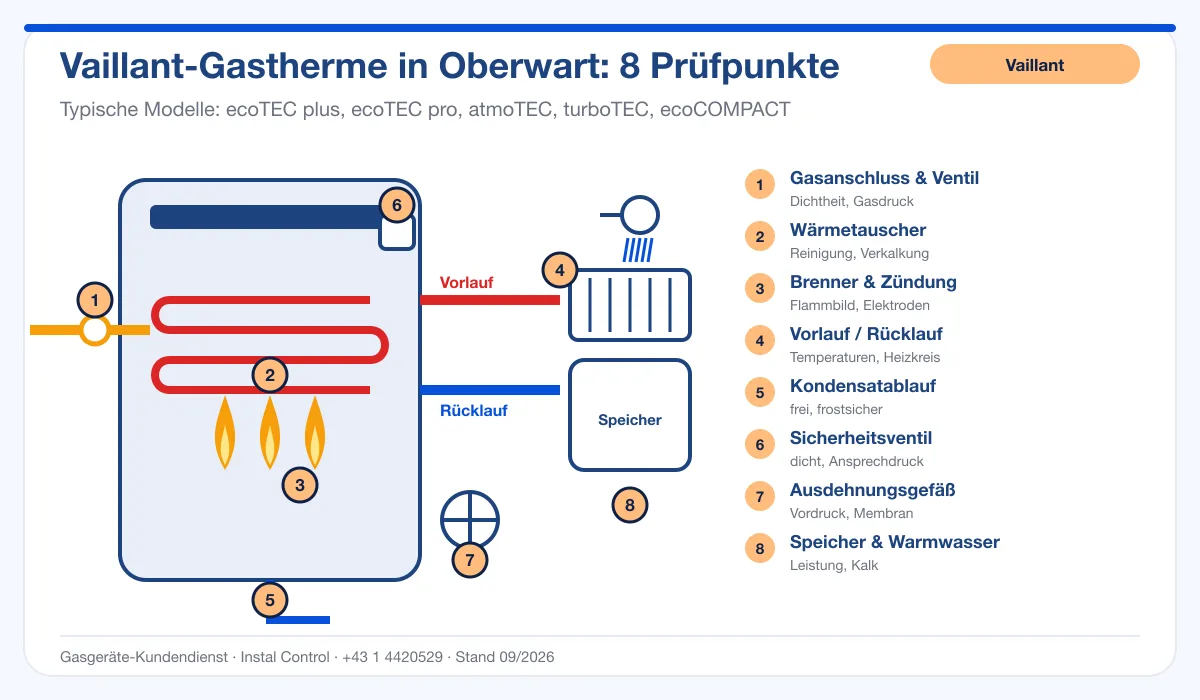 Infografik Vaillant Thermenwartung Oberwart: Aufbau einer Vaillant-Gastherme mit 8 Prüfpunkten