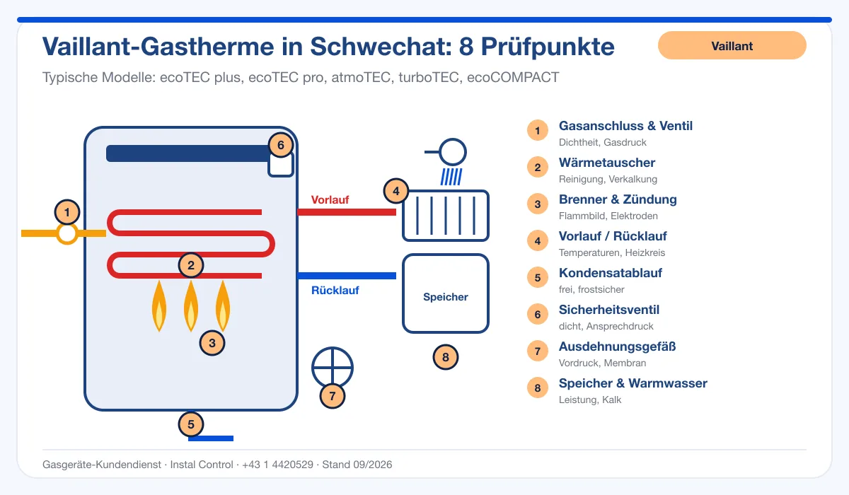 Infografik Vaillant Thermenwartung Schwechat: Aufbau einer Vaillant-Gastherme mit 8 Prüfpunkten