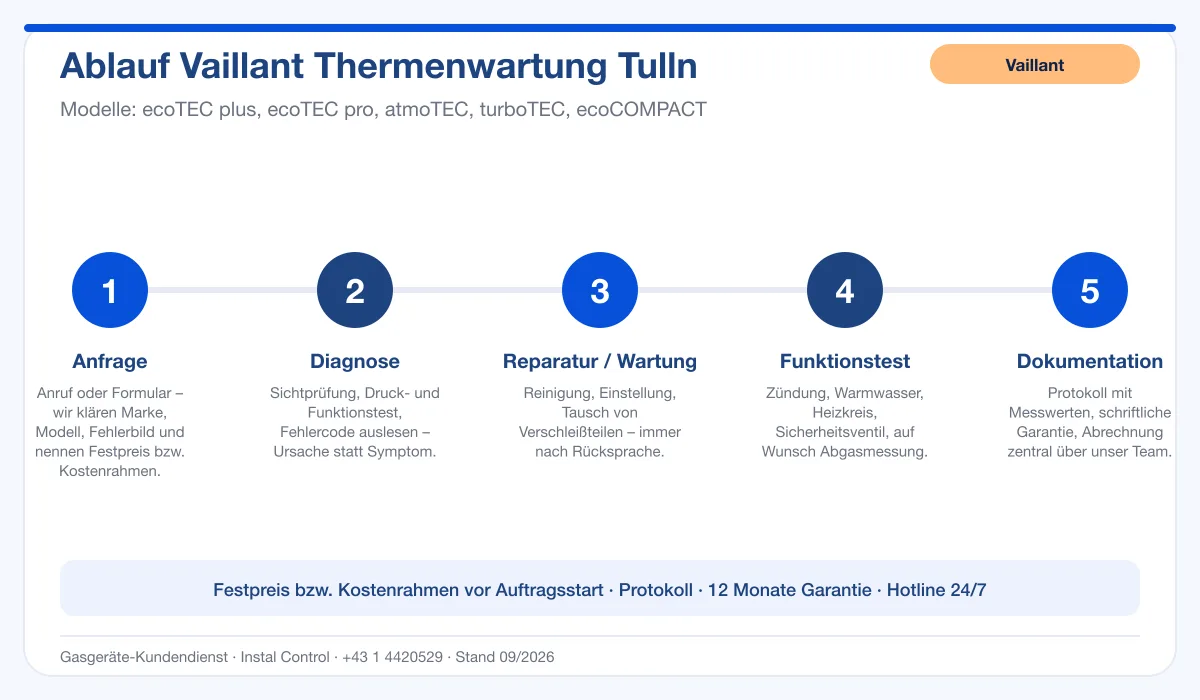 Infografik Ablauf Vaillant Thermenwartung Tulln: Anfrage, Diagnose, Service, Funktionstest, Protokoll