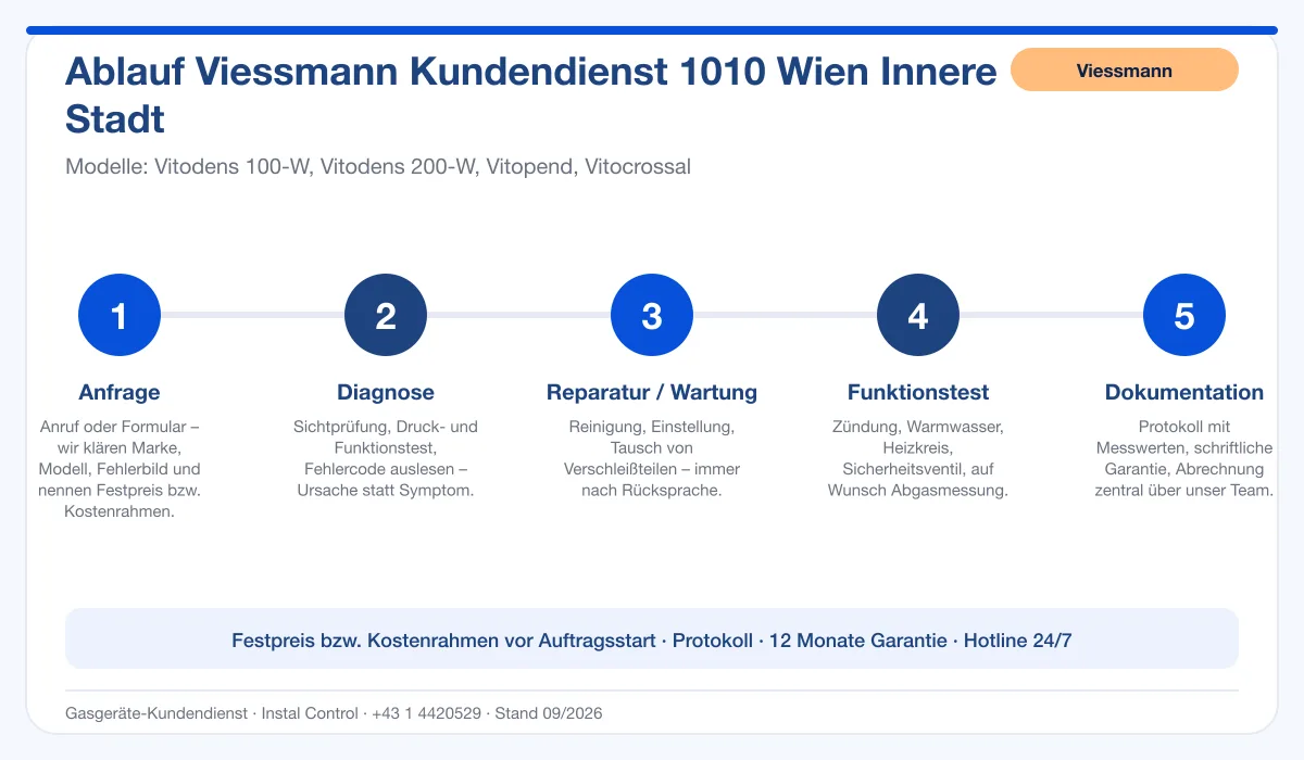 Infografik Ablauf Viessmann Kundendienst 1010 Wien Innere Stadt: Anfrage, Diagnose, Service, Funktionstest, Protokoll