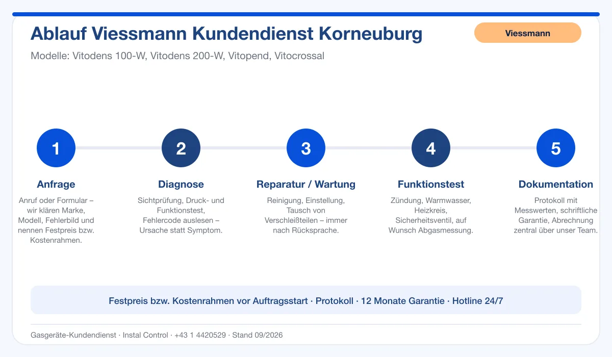 Infografik Ablauf Viessmann Kundendienst Korneuburg: Anfrage, Diagnose, Service, Funktionstest, Protokoll