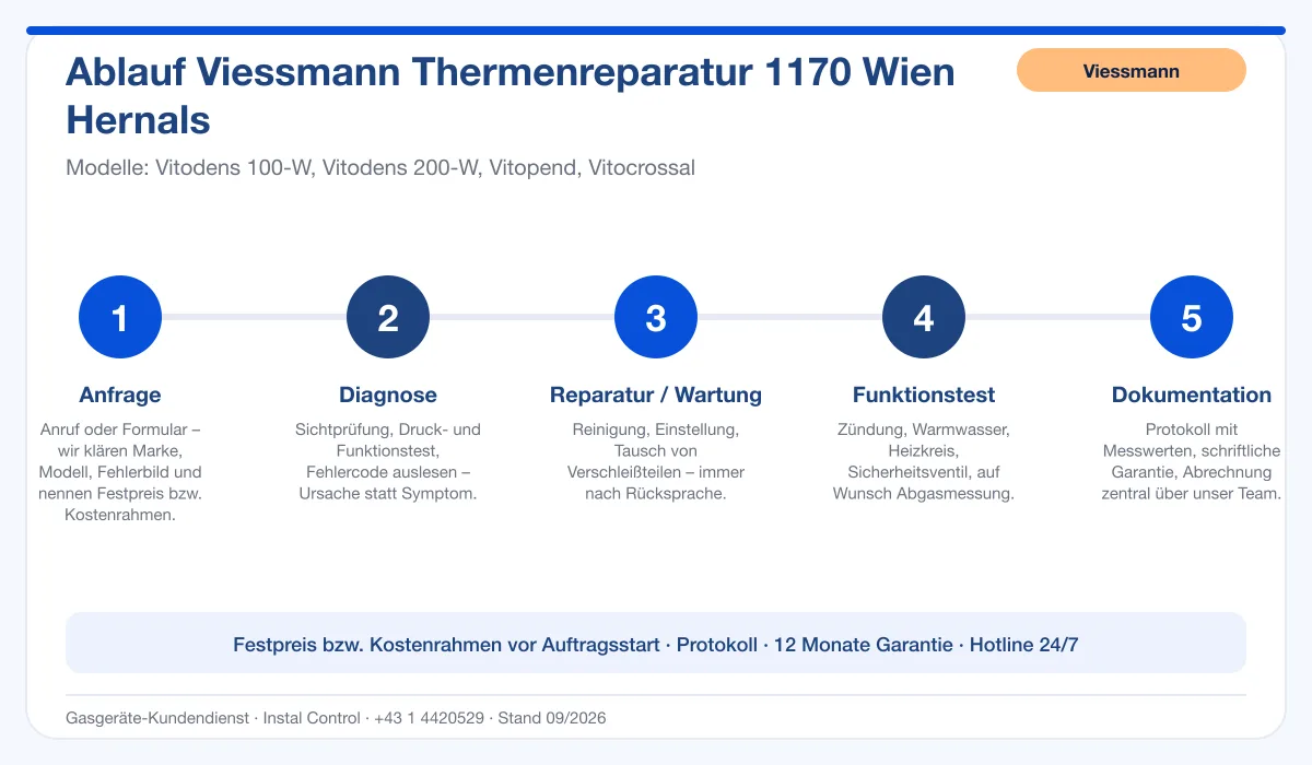Infografik Ablauf Viessmann Thermenreparatur 1170 Wien Hernals: Anfrage, Diagnose, Service, Funktionstest, Protokoll