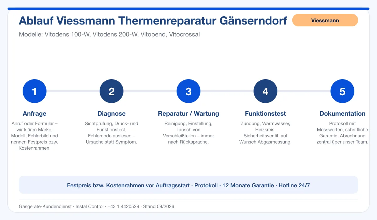 Infografik Ablauf Viessmann Thermenreparatur Gänserndorf: Anfrage, Diagnose, Service, Funktionstest, Protokoll