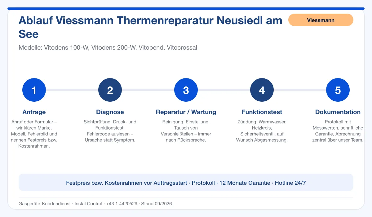 Infografik Ablauf Viessmann Thermenreparatur Neusiedl am See: Anfrage, Diagnose, Service, Funktionstest, Protokoll