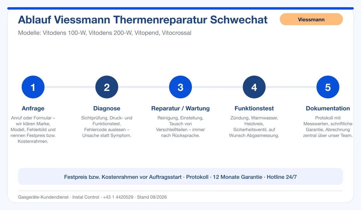 Infografik Ablauf Viessmann Thermenreparatur Schwechat: Anfrage, Diagnose, Service, Funktionstest, Protokoll