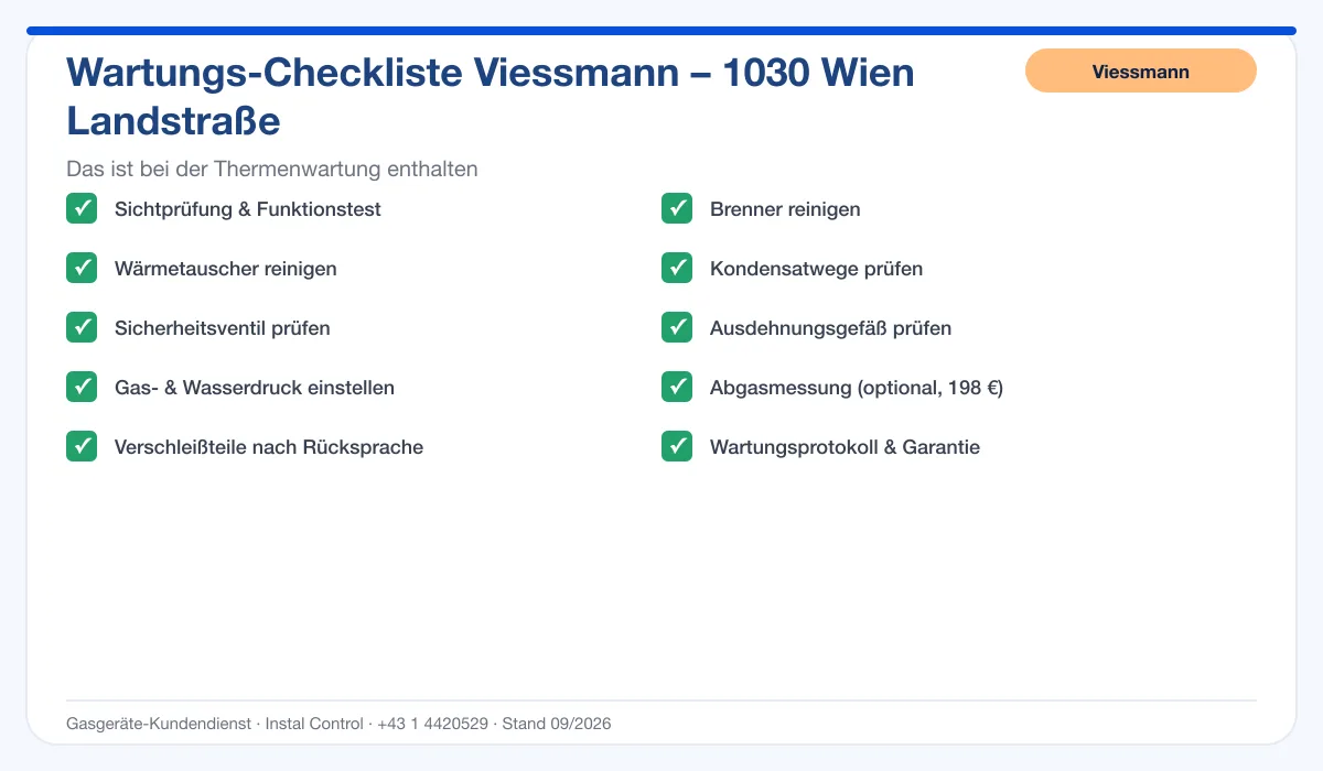 Infografik Viessmann Thermenwartung 1030 Wien Landstraße: Wartungs-Checkliste mit 10 enthaltenen Leistungen
