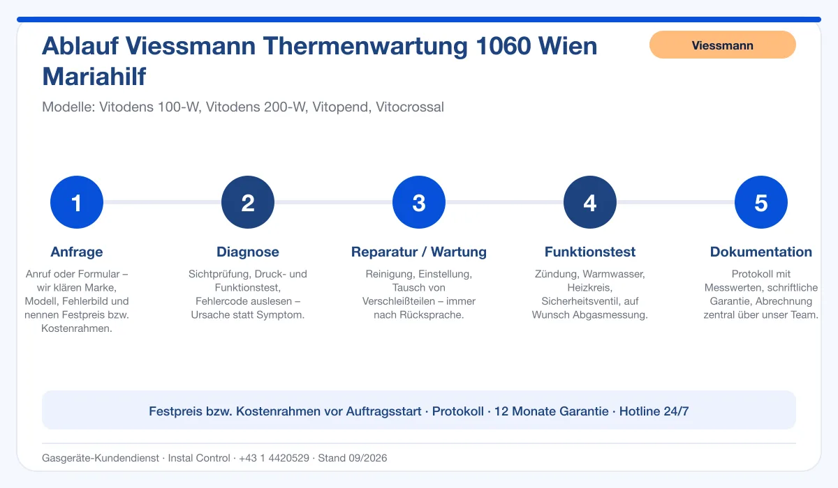 Infografik Ablauf Viessmann Thermenwartung 1060 Wien Mariahilf: Anfrage, Diagnose, Service, Funktionstest, Protokoll
