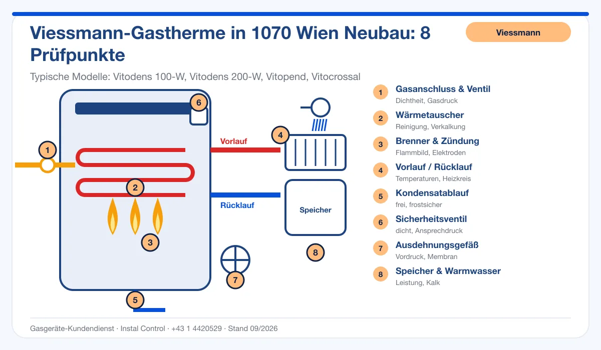 Infografik Viessmann Thermenwartung 1070 Wien Neubau: Aufbau einer Viessmann-Gastherme mit 8 Prüfpunkten