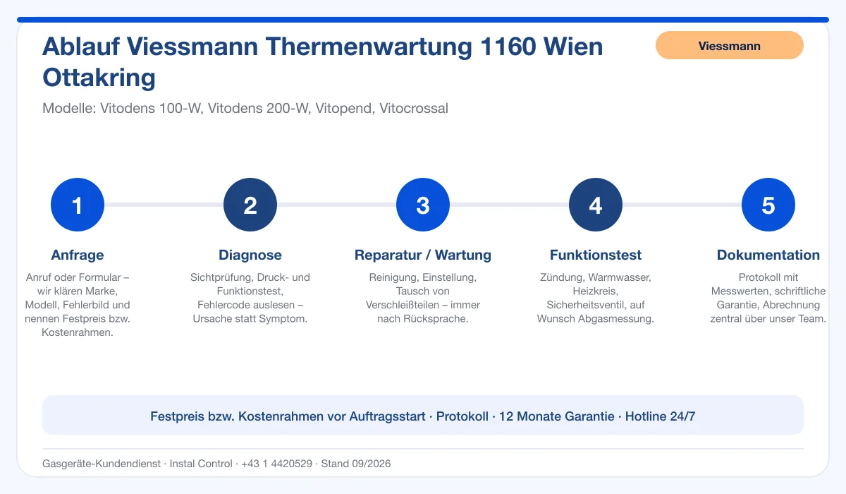 Infografik Ablauf Viessmann Thermenwartung 1160 Wien Ottakring: Anfrage, Diagnose, Service, Funktionstest, Protokoll
