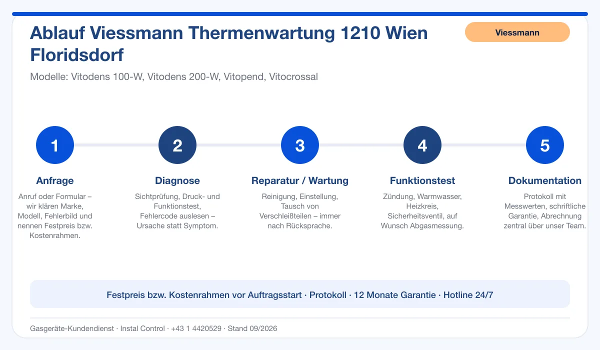 Infografik Ablauf Viessmann Thermenwartung 1210 Wien Floridsdorf: Anfrage, Diagnose, Service, Funktionstest, Protokoll
