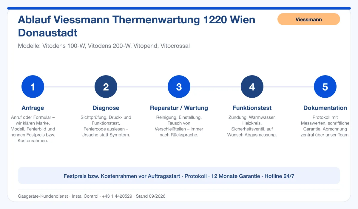 Infografik Ablauf Viessmann Thermenwartung 1220 Wien Donaustadt: Anfrage, Diagnose, Service, Funktionstest, Protokoll