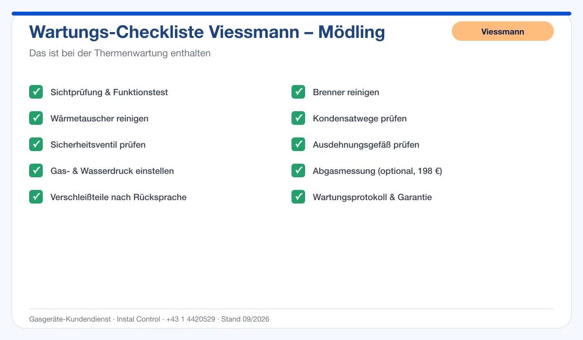 Infografik Viessmann Thermenwartung Mödling: Wartungs-Checkliste mit 10 enthaltenen Leistungen